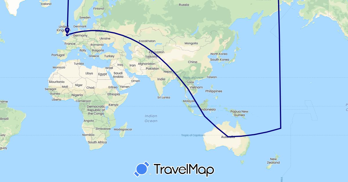 TravelMap itinerary: driving in Australia, Fiji, United Kingdom, Indonesia, Thailand (Asia, Europe, Oceania)